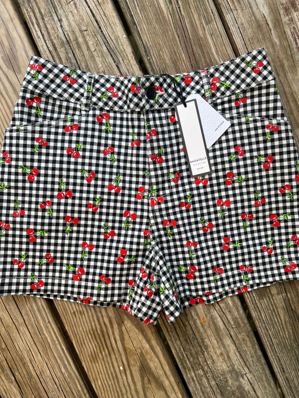 Gingham Cherry Print Women’s Shorts - Black/White/Red - Bagatelle Collection